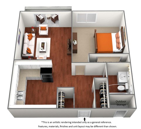 Floor plan for 1 bed, 1 bath, 650 sqft